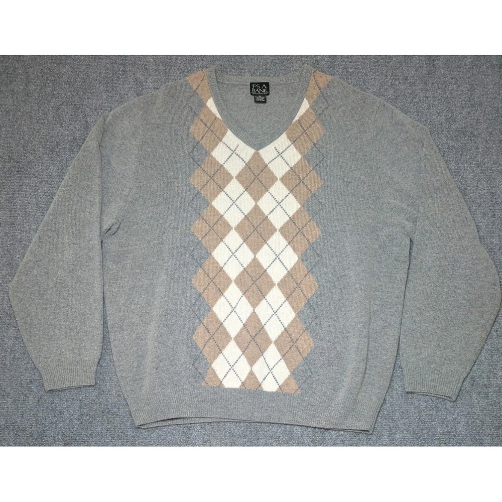 Jos A Bank Sweater Mens XL Gray Pullover Argyle 80% Lambs Wool Blend V Neck